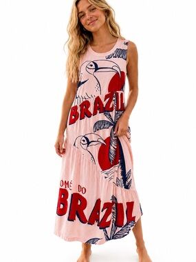 FARM Rio Pink Maxi Dress with Red & Navy Tropical Print